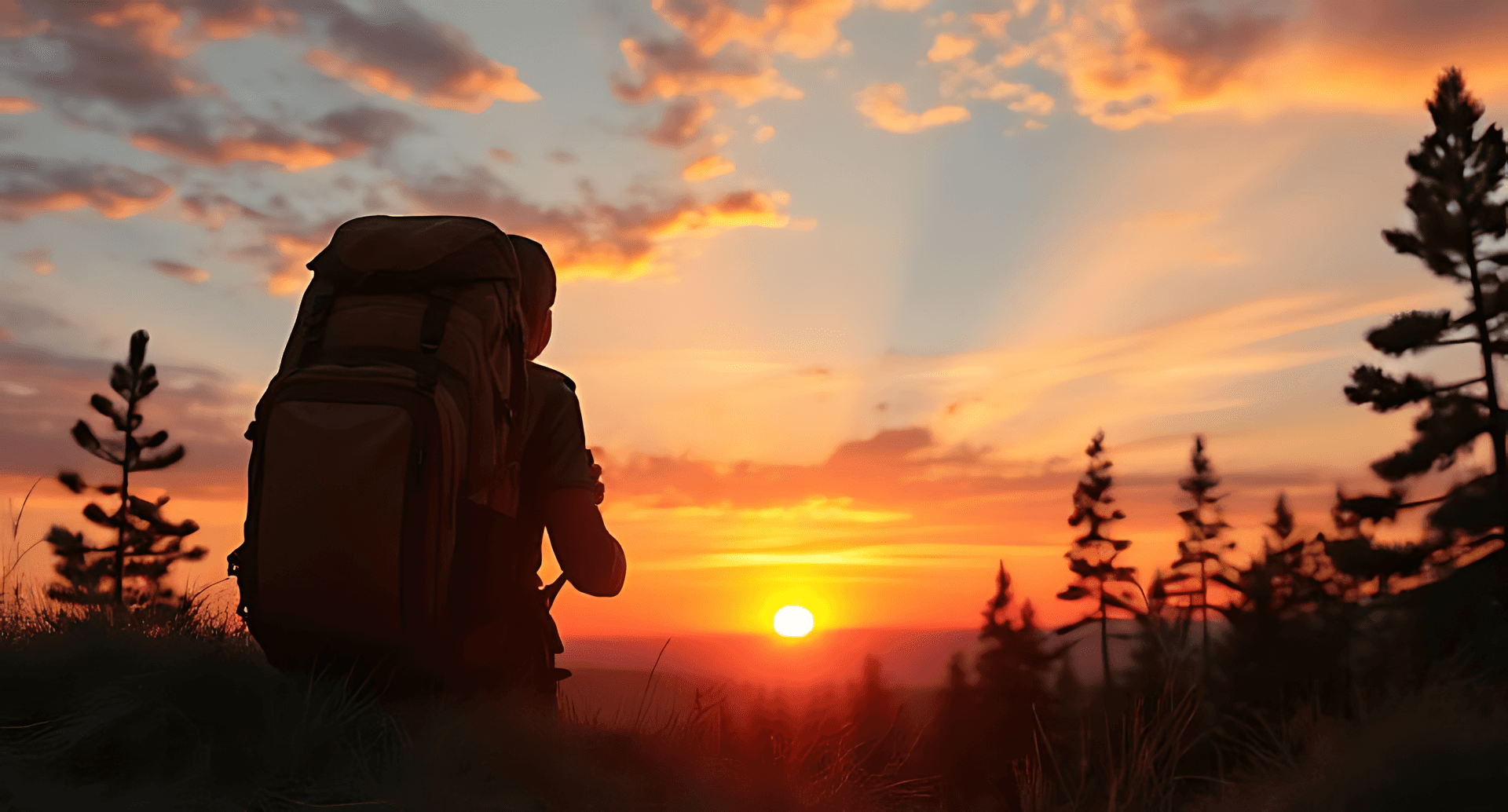 Silhouette Of A Hiker With A Large Backpack Watching A Vibrant Sunset Over A Forested Landscape. The Wallpaper