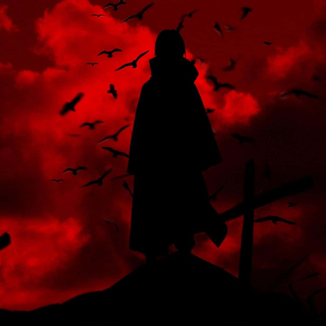 Silhuet af Itachi Æstetik med mange krager der flyver mod et lyse rødt himmel. Wallpaper