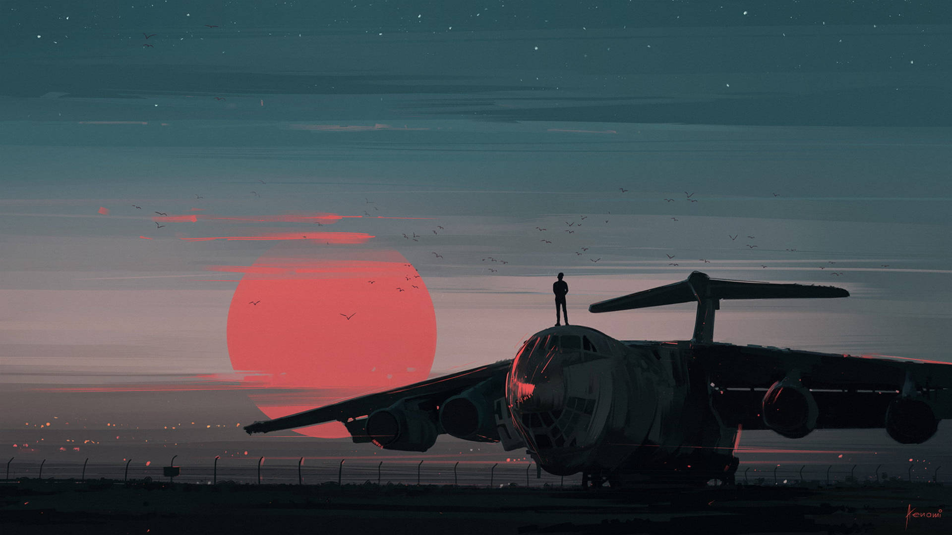 Silhouette Of Man Standing On Airplane 4K Wallpaper