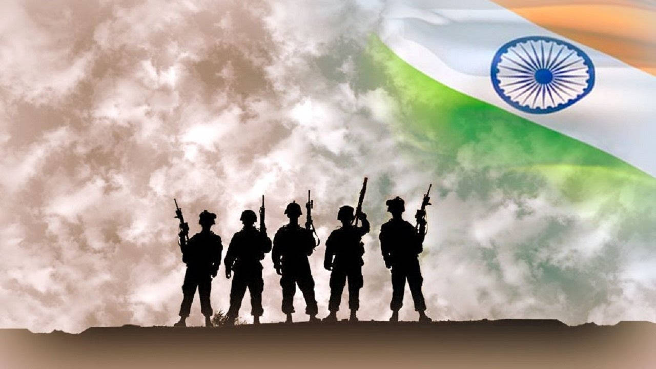 Silhouette Of Soldiers With Indian Flag Background