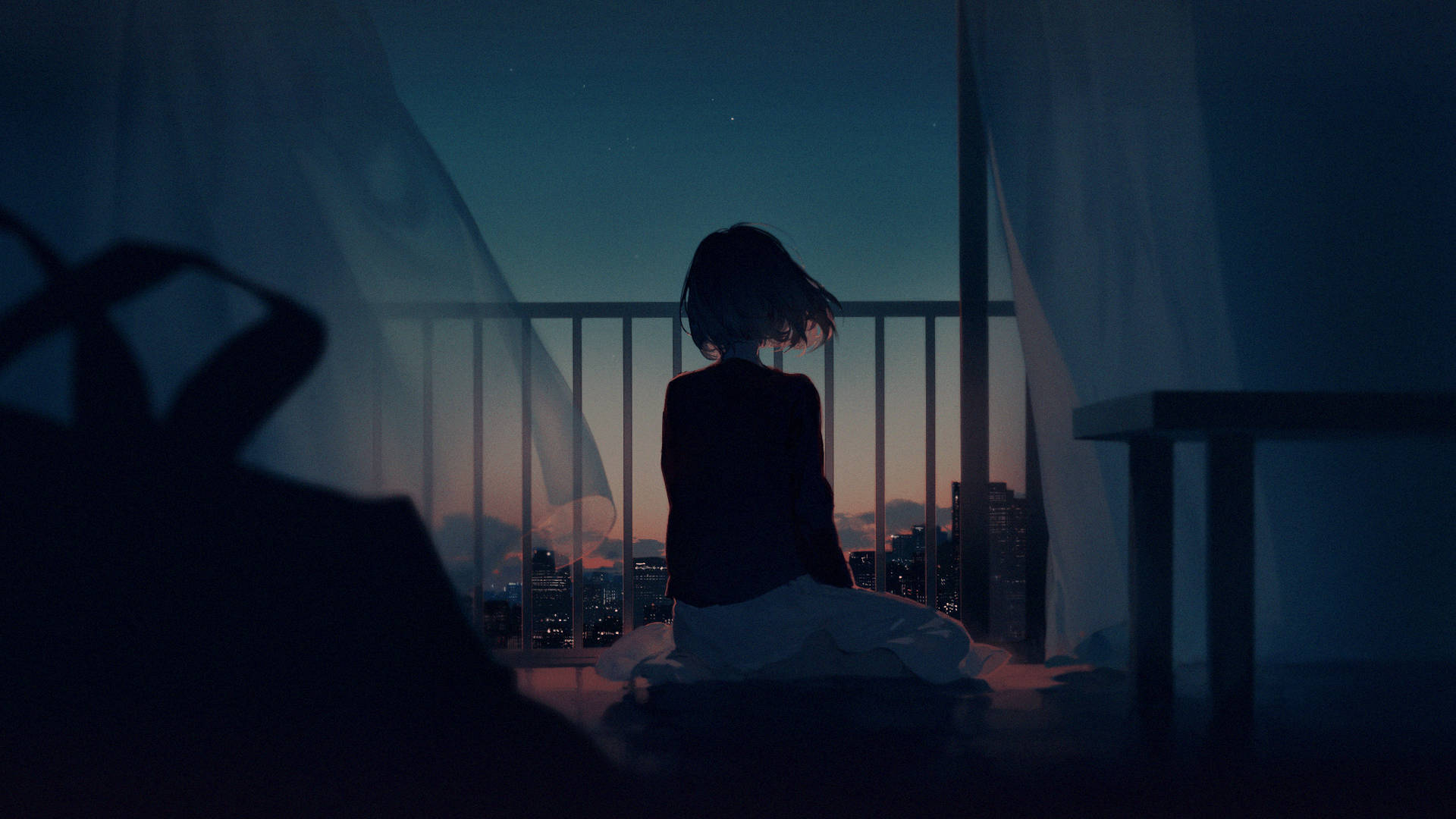 Silhouette Sad Anime On Terrace Aesthetic Wallpaper
