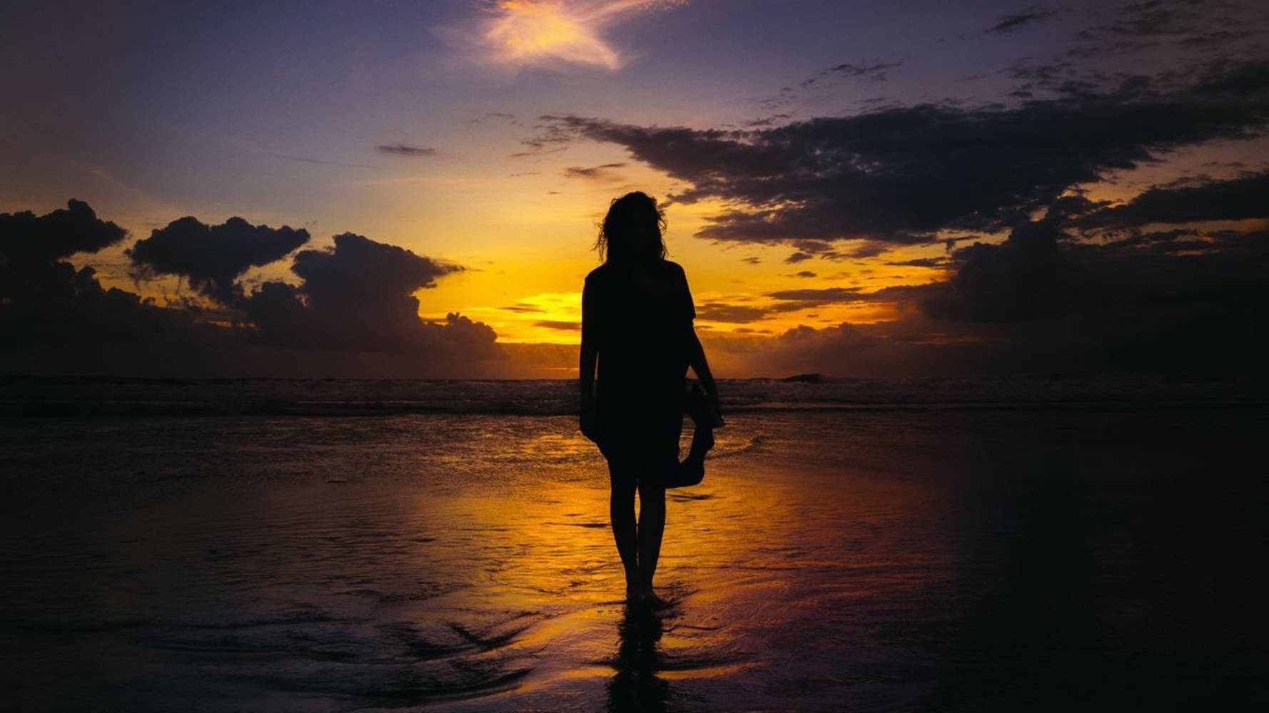 Silhouette Woman Beach Golden Sunset Wallpaper