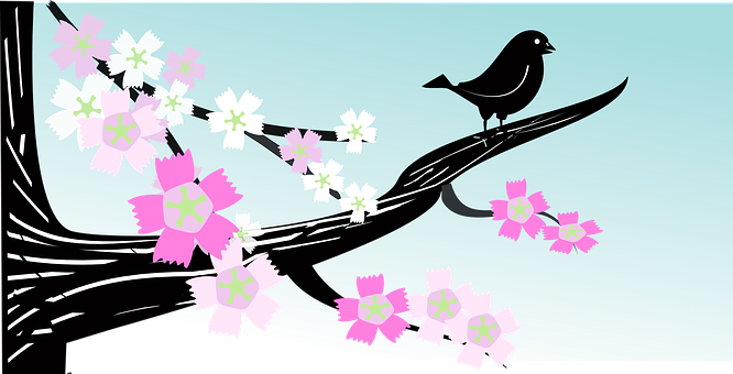 Silhouetted Birdon Flowering Branch PNG