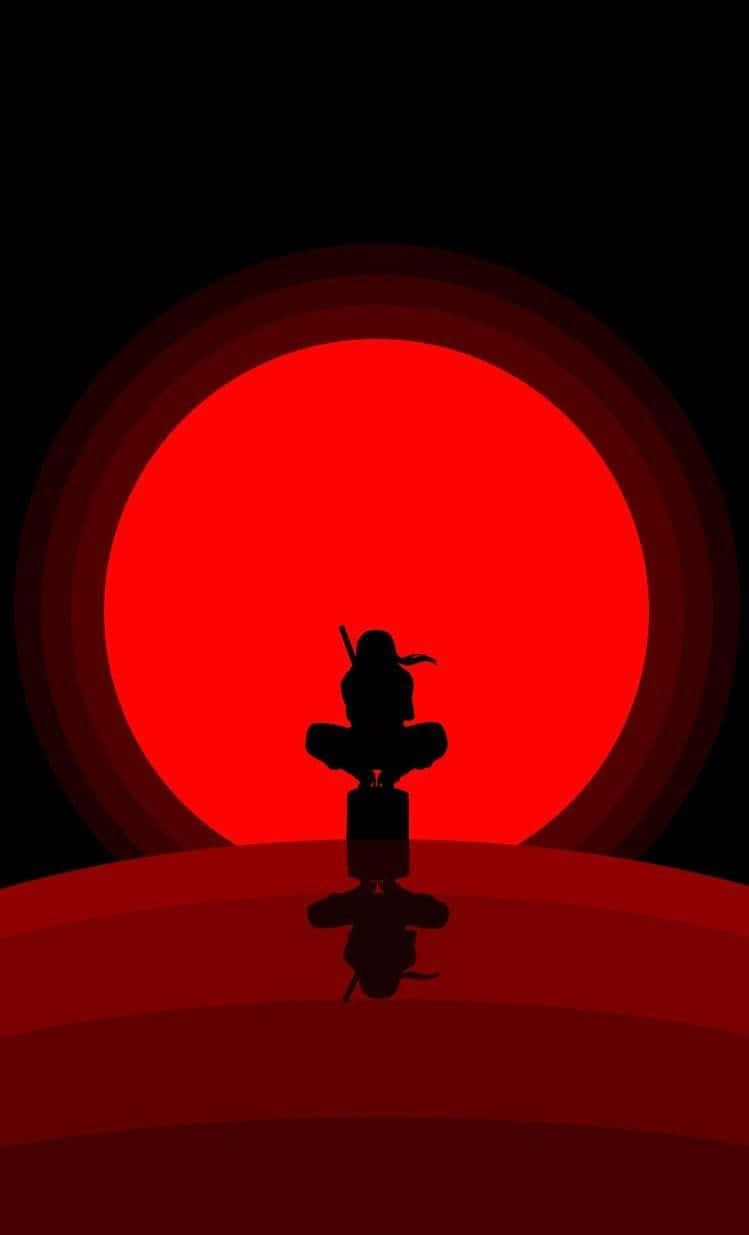 Silhouetted Figure Against Red Moon Wallpaper