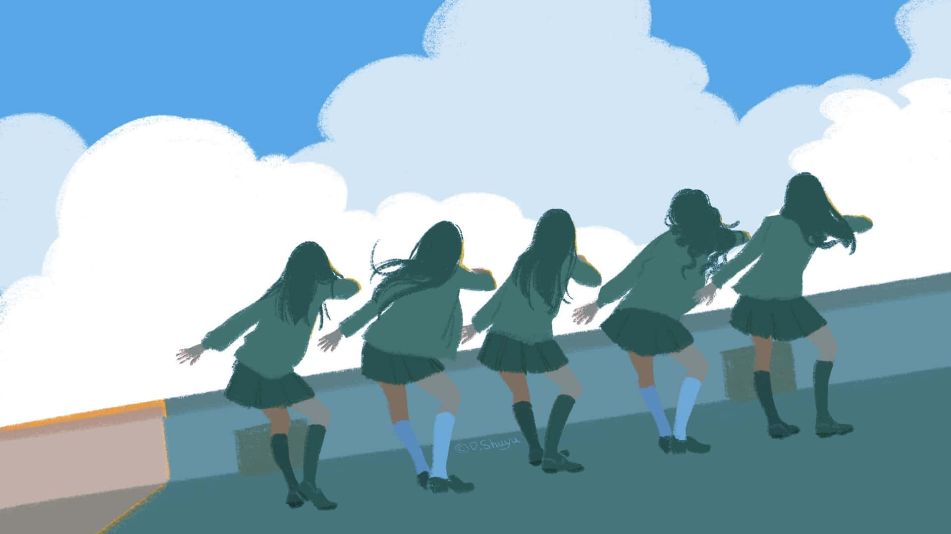Silhouetted Girls Dancing Skyline Wallpaper