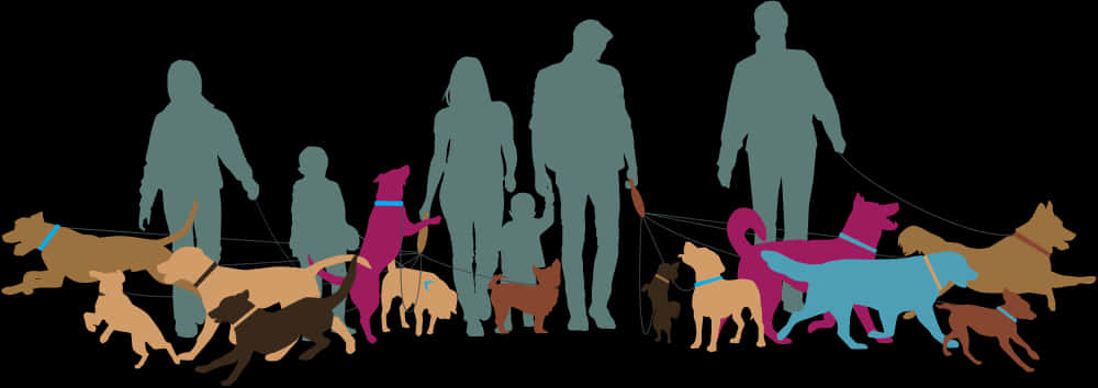 Silhouetted Peopleand Dogs Walking PNG