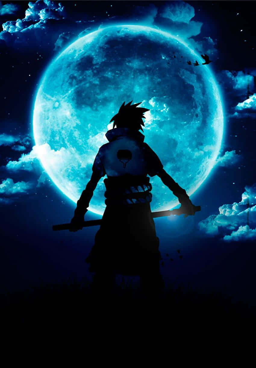 Silhouetted Warrior Under Blue Moon Wallpaper