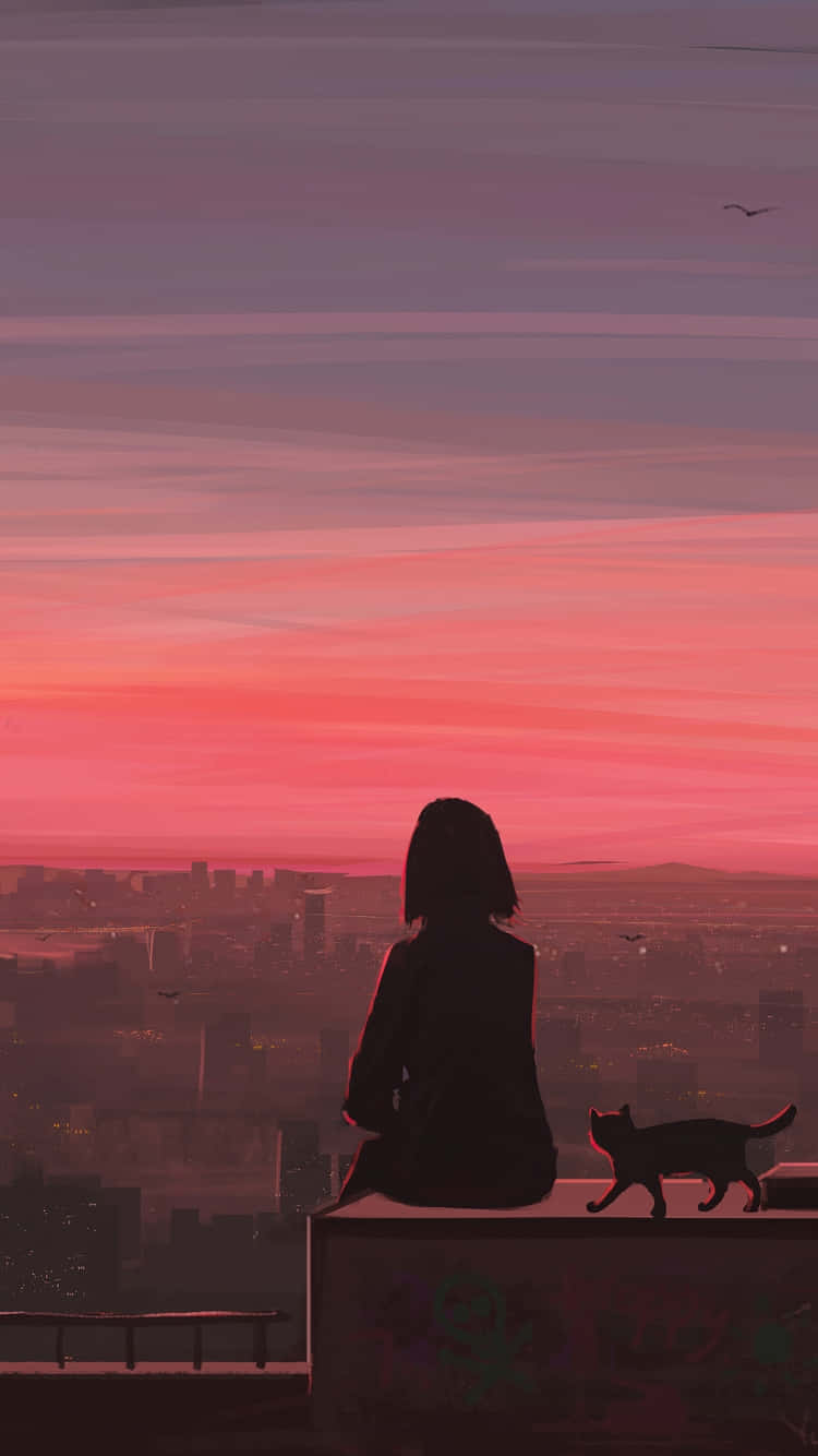 Silhouetteof Girland Cat Overlooking Cityat Sunset Wallpaper