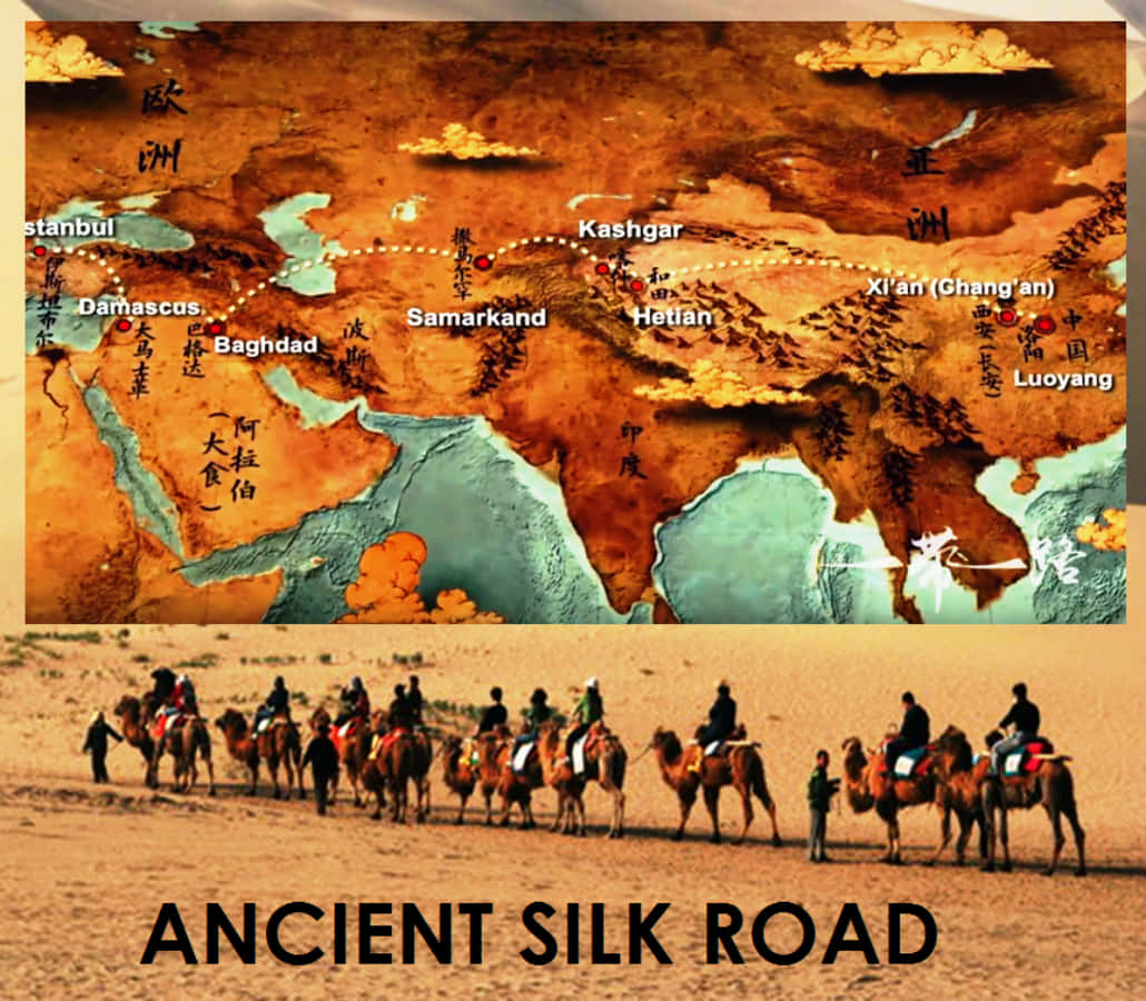 Alteseidenstraße - Eine Karte Mit Menschen, Die Auf Kamelen Reiten