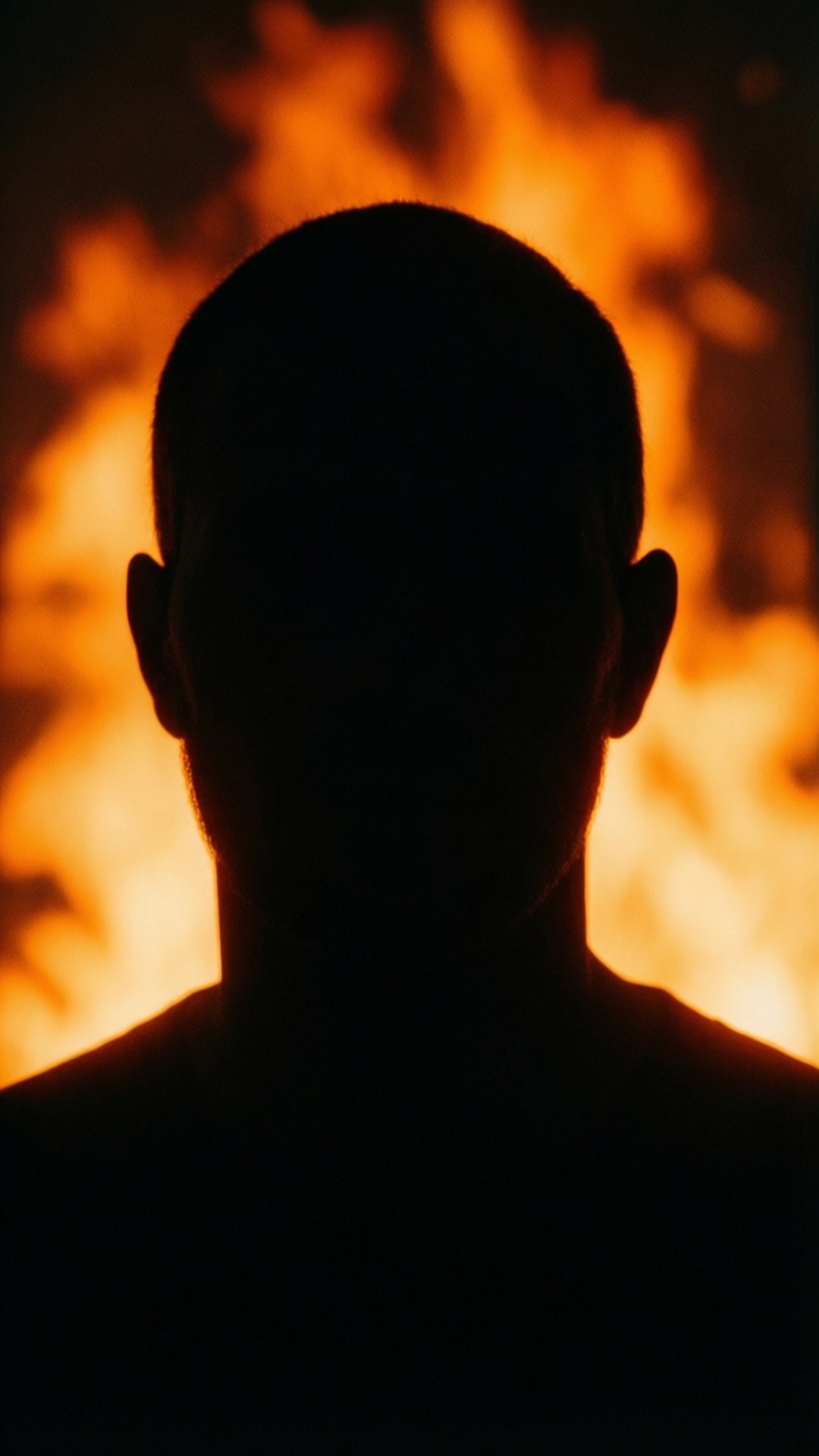 Fiery Silhouette Big E Wallpaper — Silhouette of a person's head and shoulders against a vibrant orange and yellow fire background.