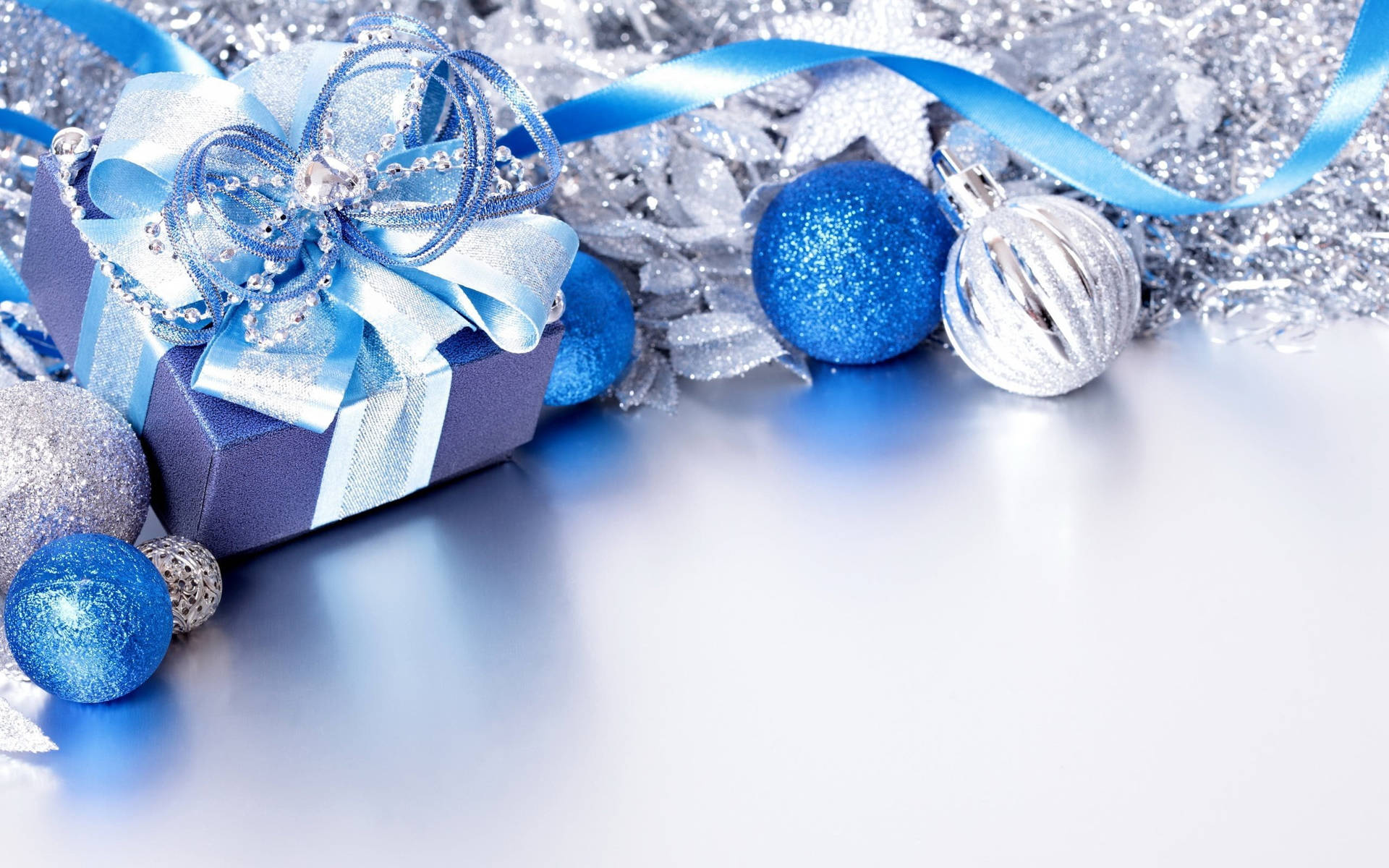 Silver Blue Christmas Balls With Gift Wallpaper