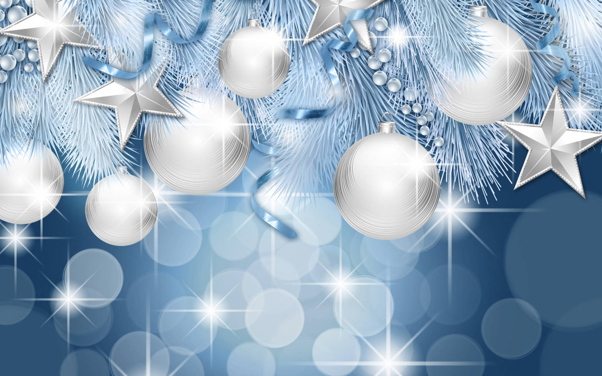 Silver Christmas Balls With Glare Stars Wallpaper