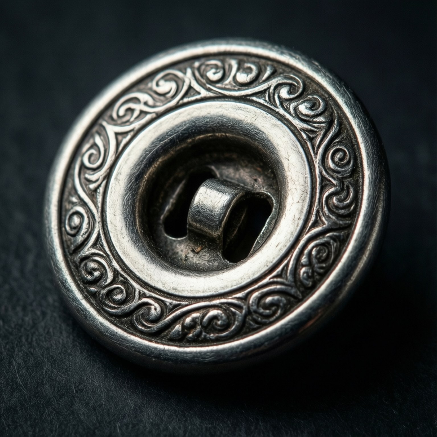 En metallisk knapp med detaljert gravering under dramatisk lys.