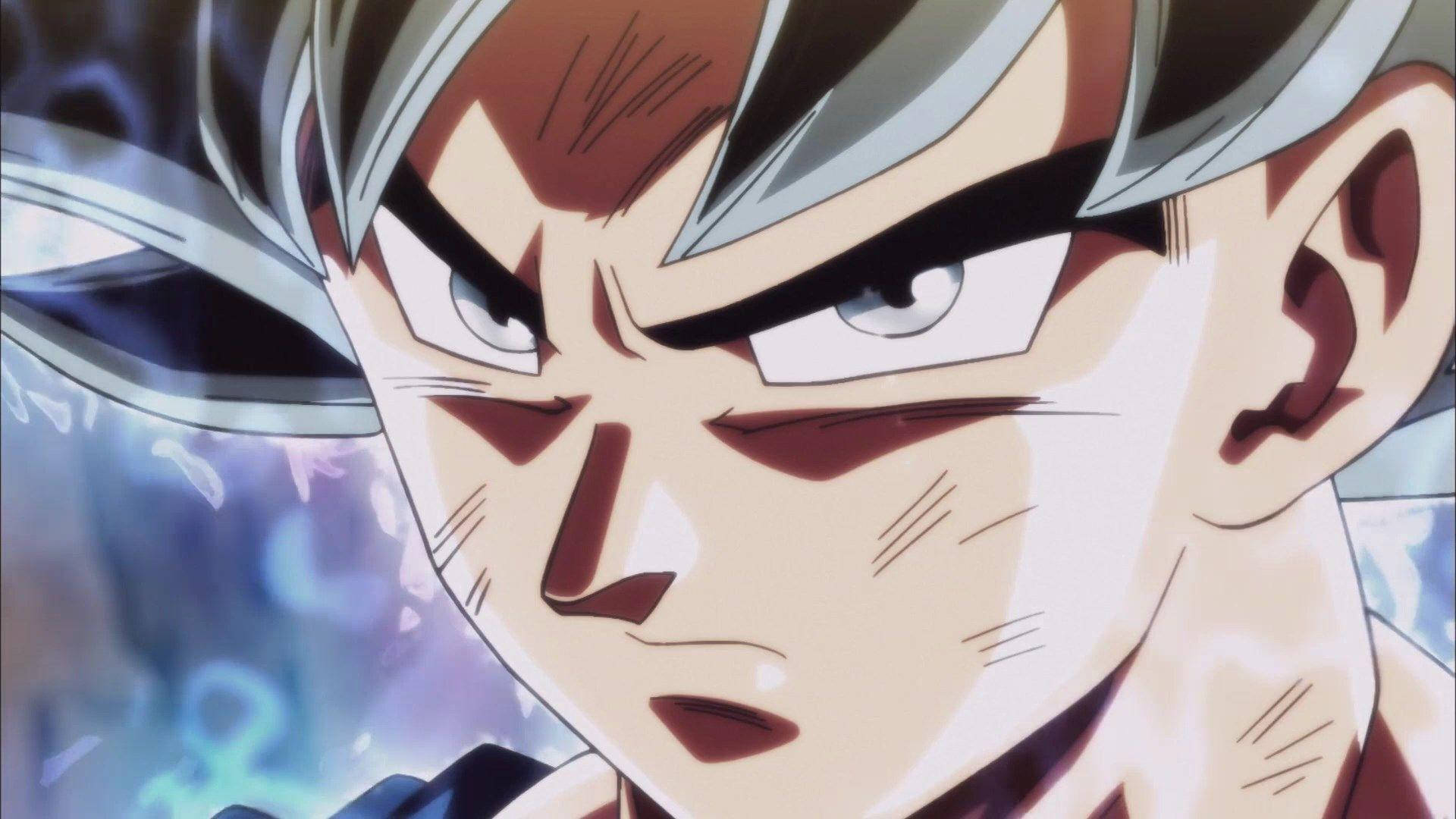 Silver Hair Ultra Instinct Goku nærmer sig lysende himmel farver Wallpaper