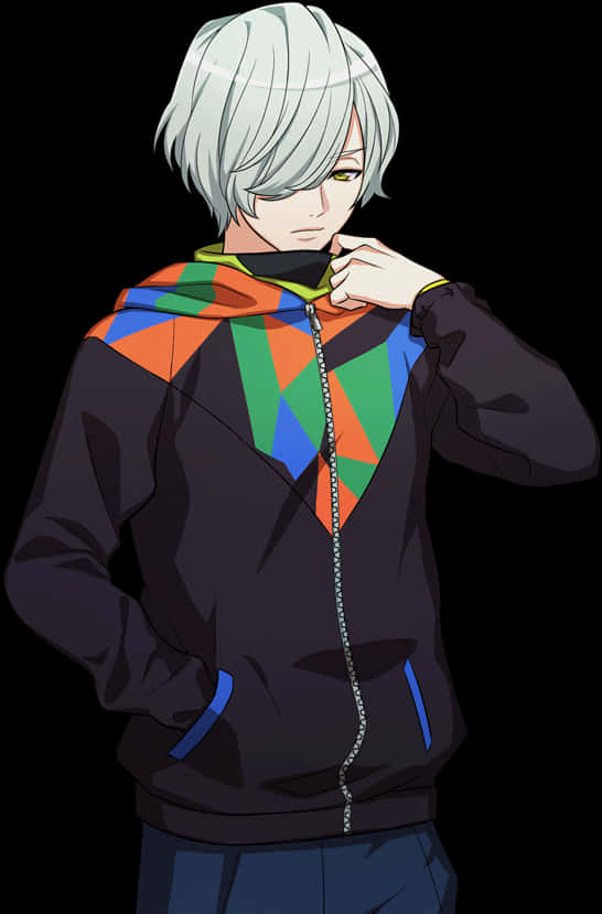 Silver Haired Anime Boyin Colorful Hoodie PNG