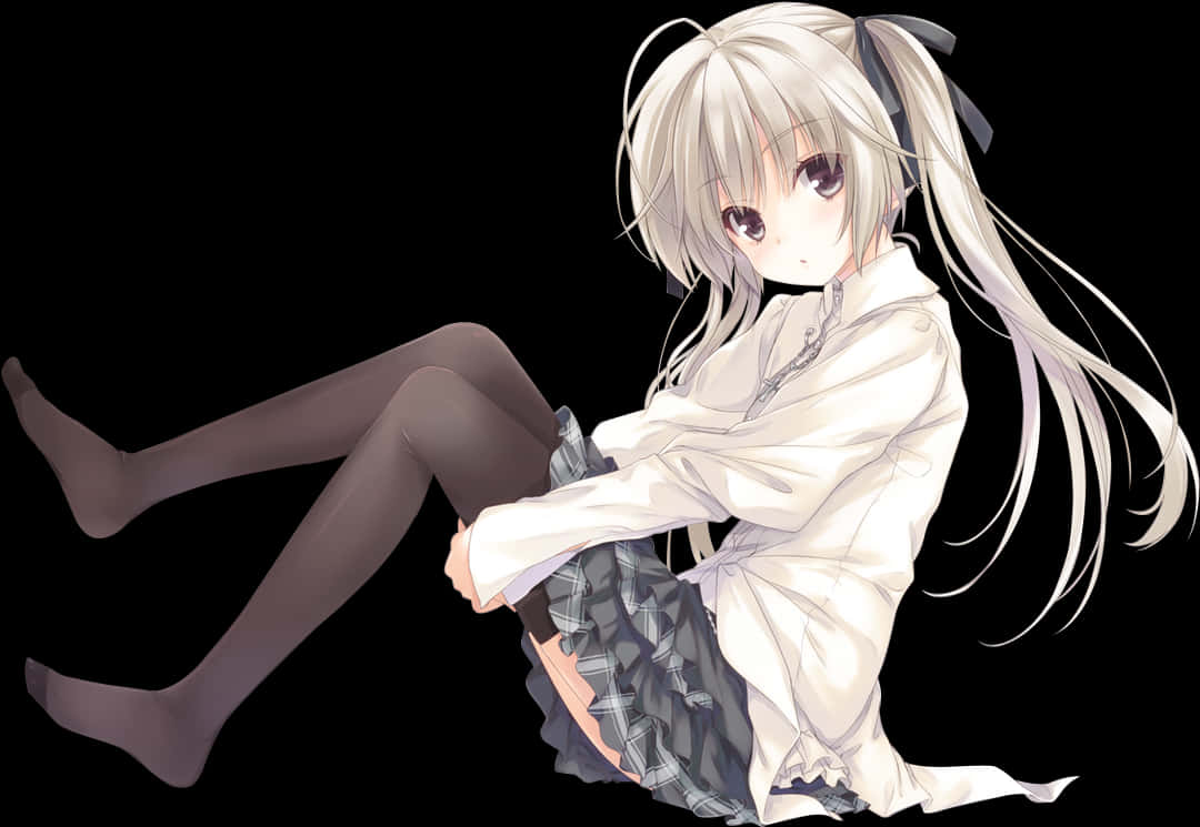 Silver Haired Anime Girl Sitting PNG