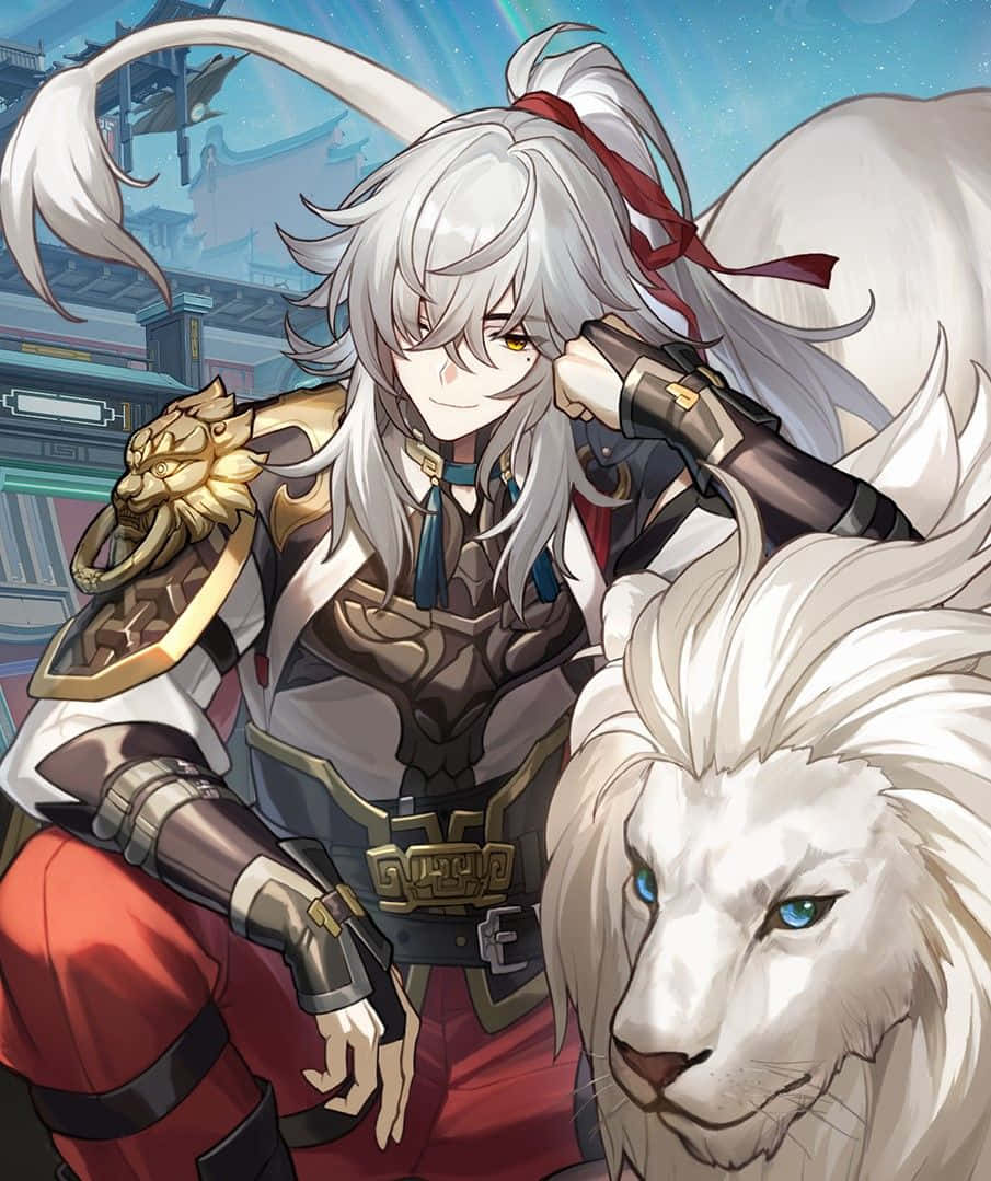 Download Silver Haired Warrior With White Lion Wallpaper | Wallpapers.com