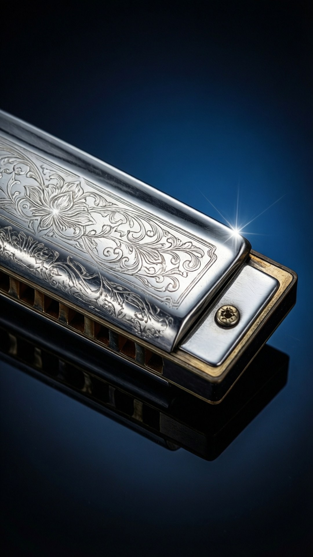 Een gedetailleerde close-up van een zilveren mondharmonica met gravures, elegante donkerblauwe achtergrond.