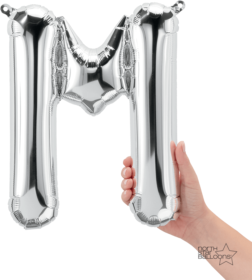 Silver Letter M Balloon Held By Hand PNG