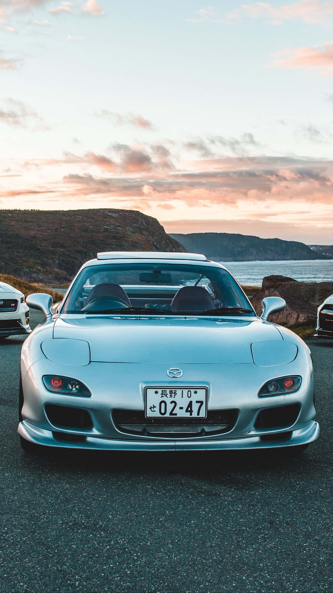 Silver Mazda Rx 7 With Aesthetic Sky Portrait Wallpaper