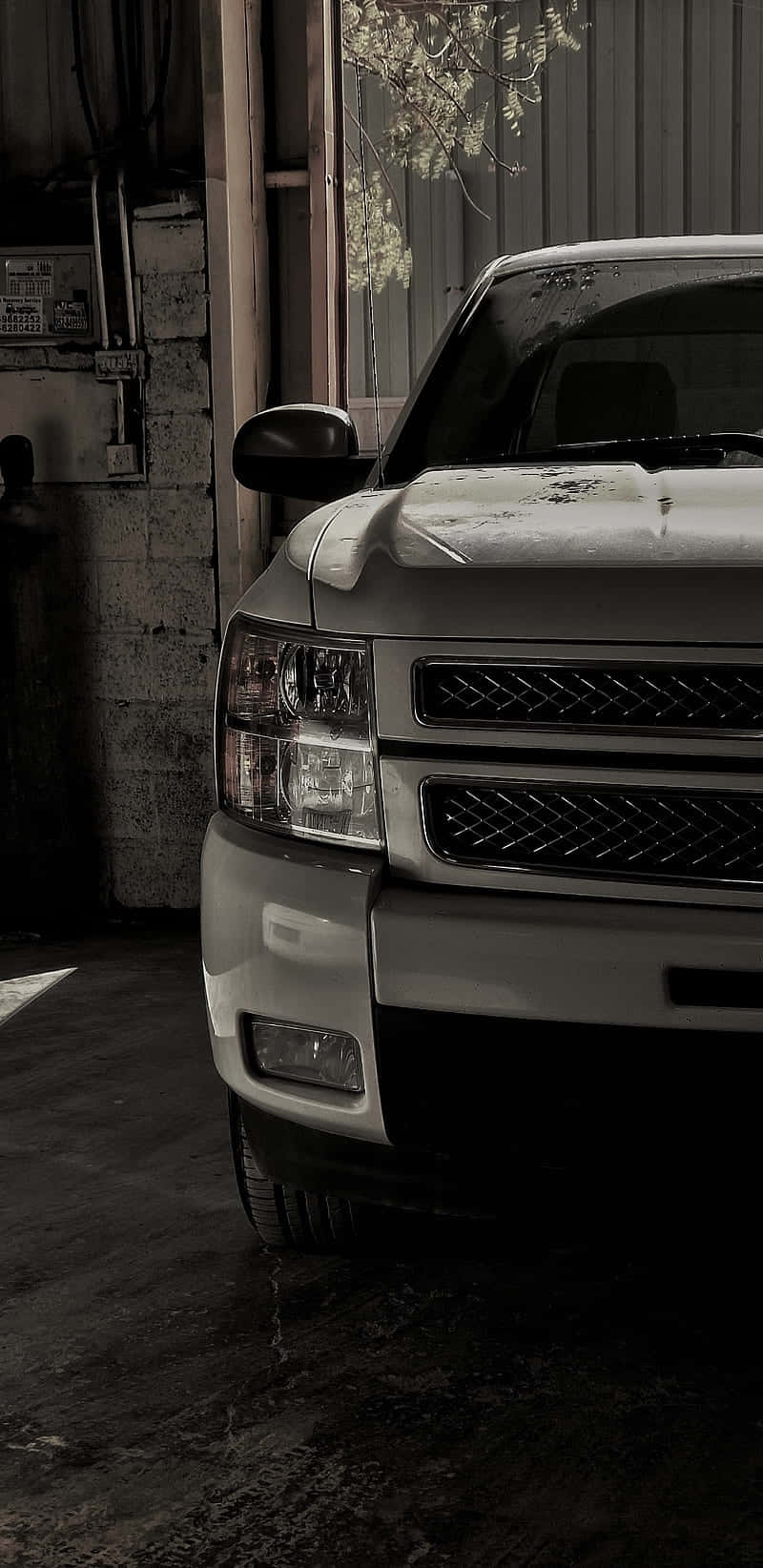 Silver Pickup Truck Garage Scene Wallpaper