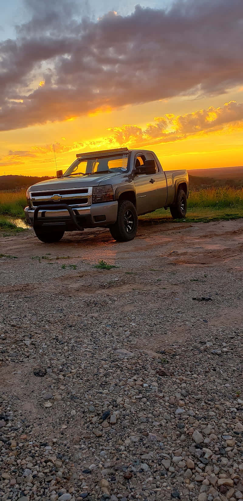 Silver Pickup Truck Sunset Silhouette Wallpaper