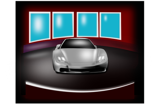 Silver Sports Car Showroom Display PNG
