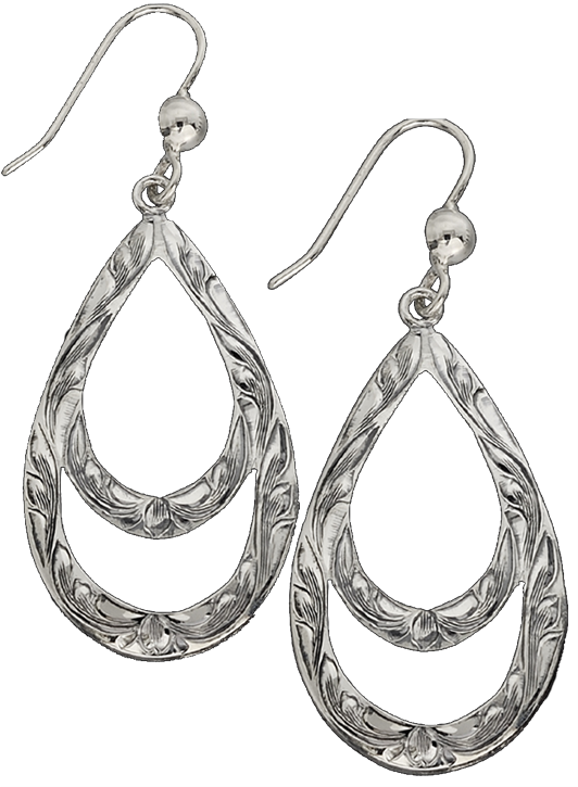 Silver Teardrop Earrings Floral Design PNG