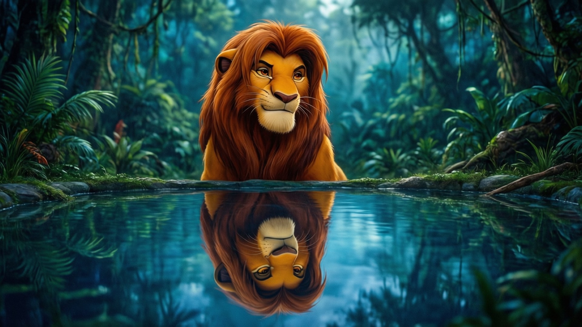Simba som betrakter speilbildet sitt i vannet