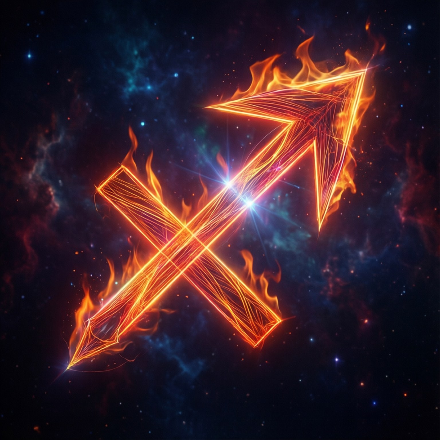 Fiery Arrow Symbol Wallpaper — A fiery glowing Sagittarius arrow zodiac symbol burns brightly against a cosmic nebula backdrop of stars and swirling blues and reds.