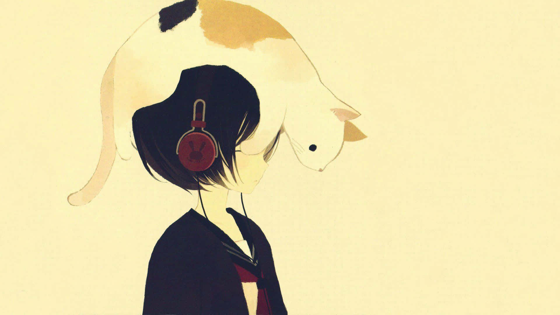 Chicacon Auriculares Y Gato, Diseño De Anime Sencillo. Fondo de pantalla