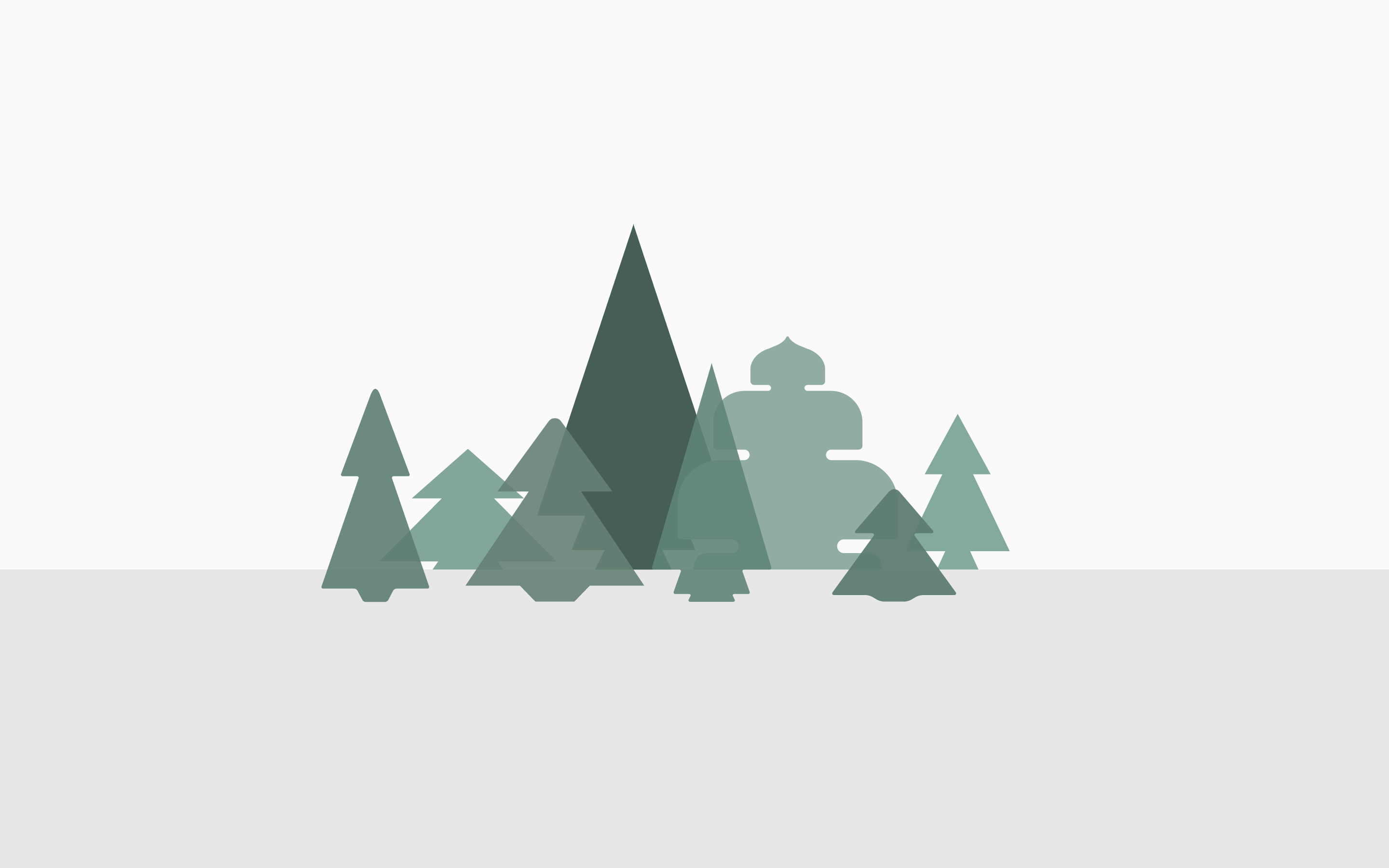 Celebrate Christmas with a Simple Elegance Background — Minimalist forest scene with geometric pine trees and mountains in muted green tones against a light gray background.