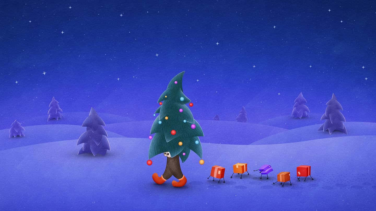 A simple Christmas background with festive lights, a pine tree, and a wreath