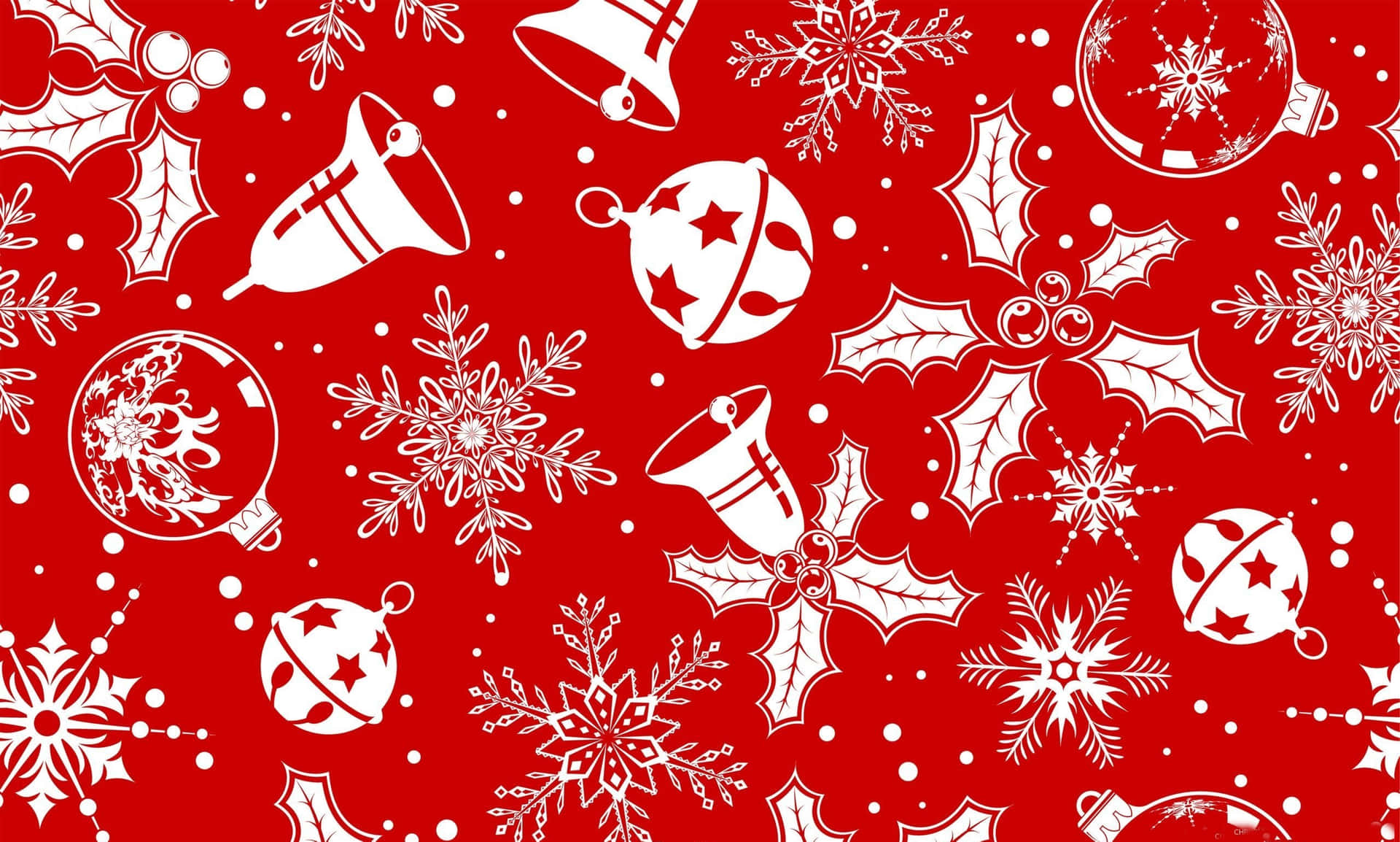 Christmas Pattern With Snowflakes And Bells On Red Wallpaper