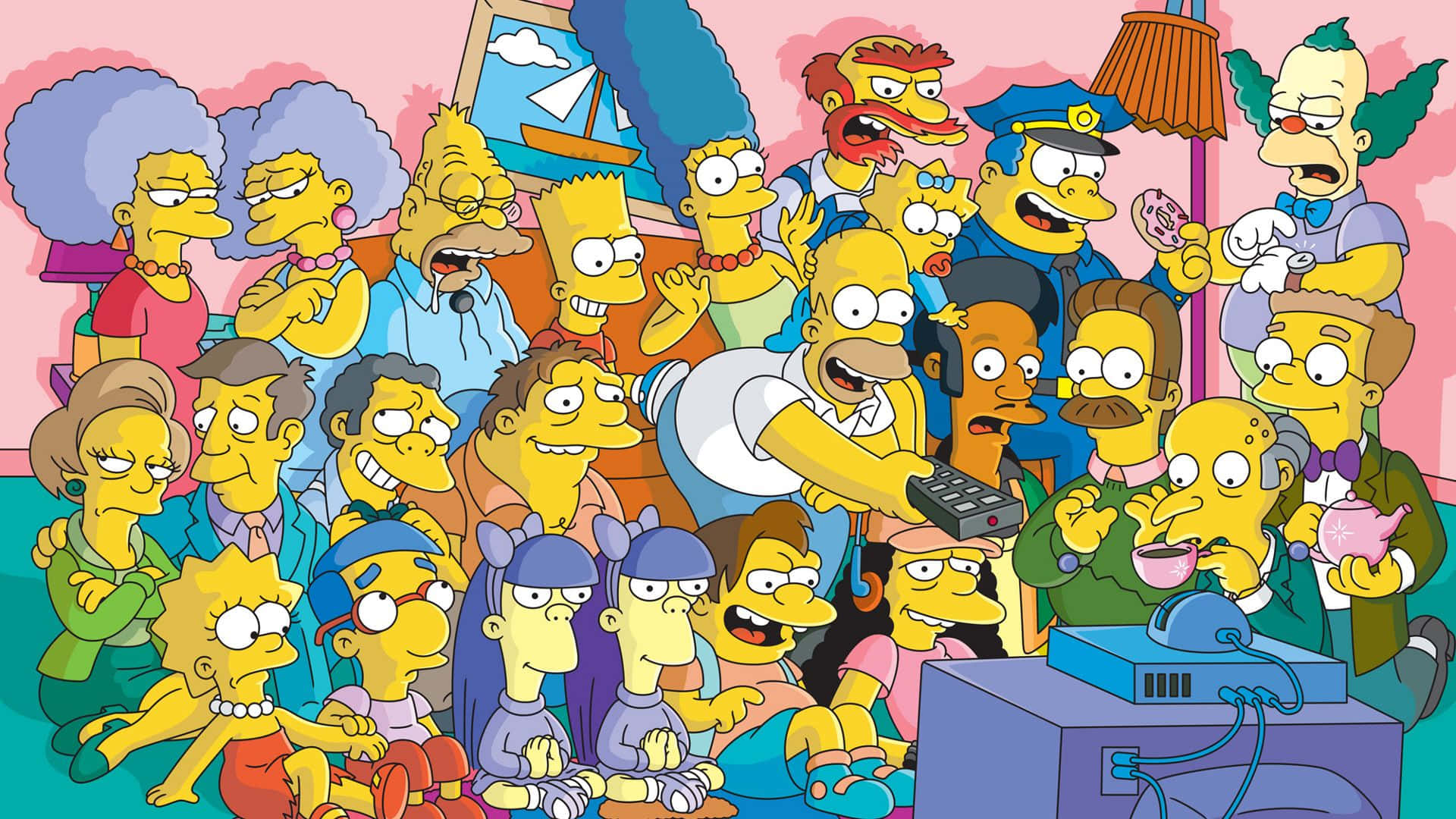 Homer Simpson and Bart Simpson enjoying their favorite activity on the computer. Wallpaper