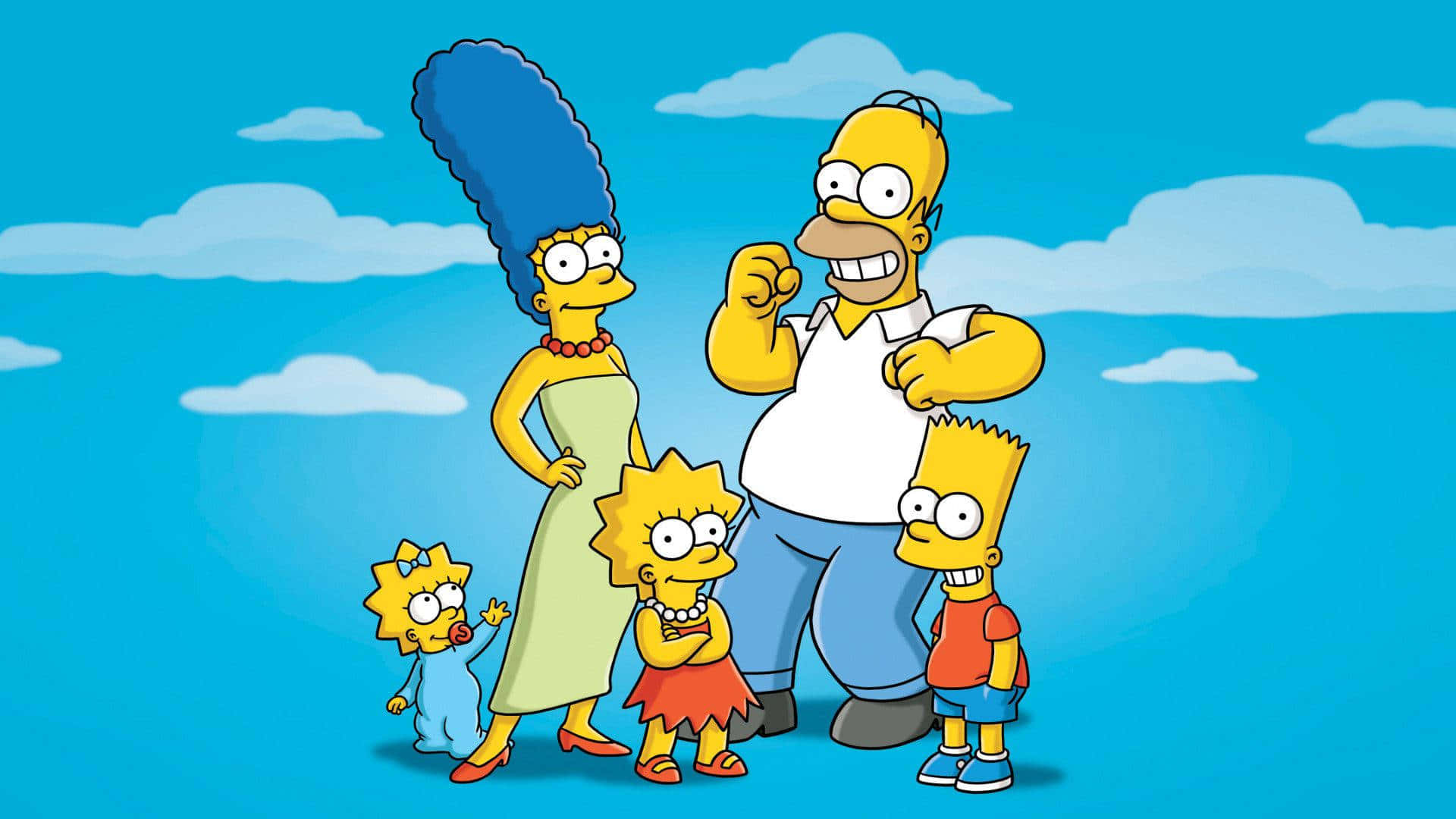 Den Simpsons familien står foran en blå himmel Wallpaper
