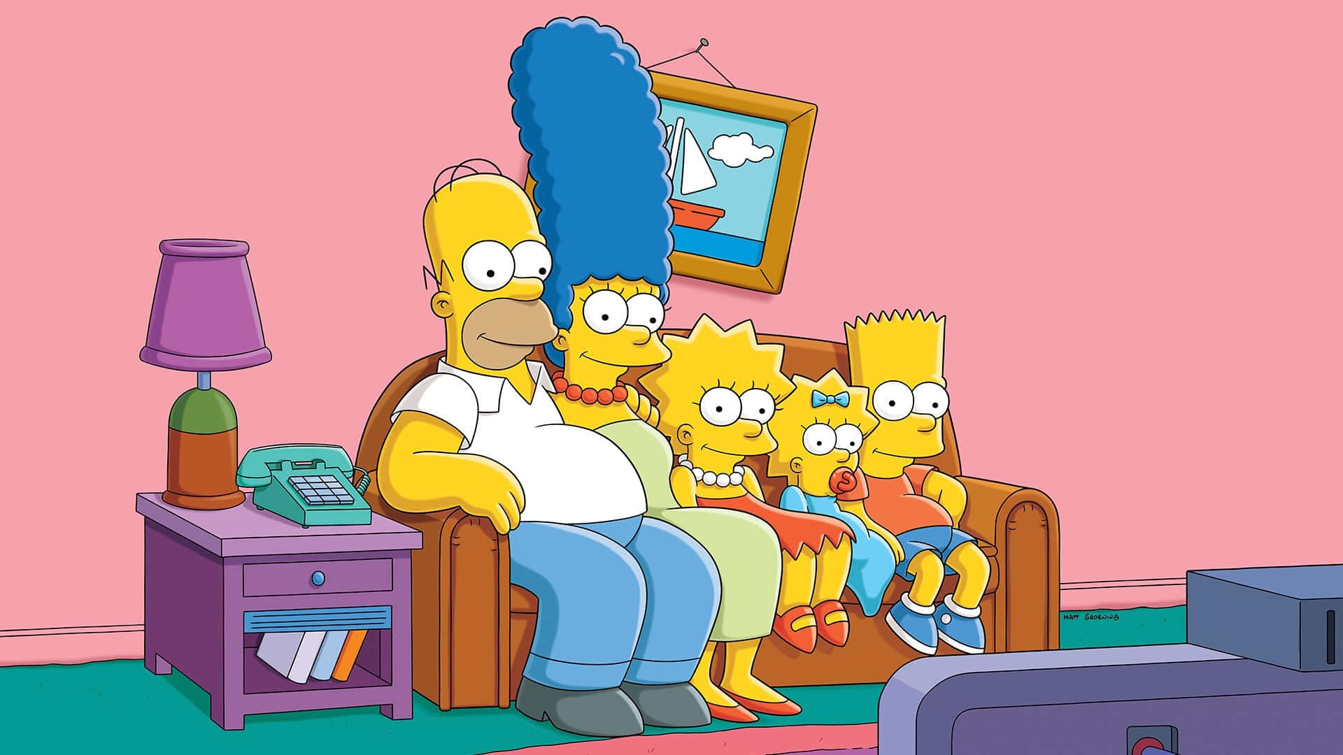 Simpsonsfamiljen Sitter På En Soffa (för Datormiljö Eller Mobilbakgrund). Wallpaper