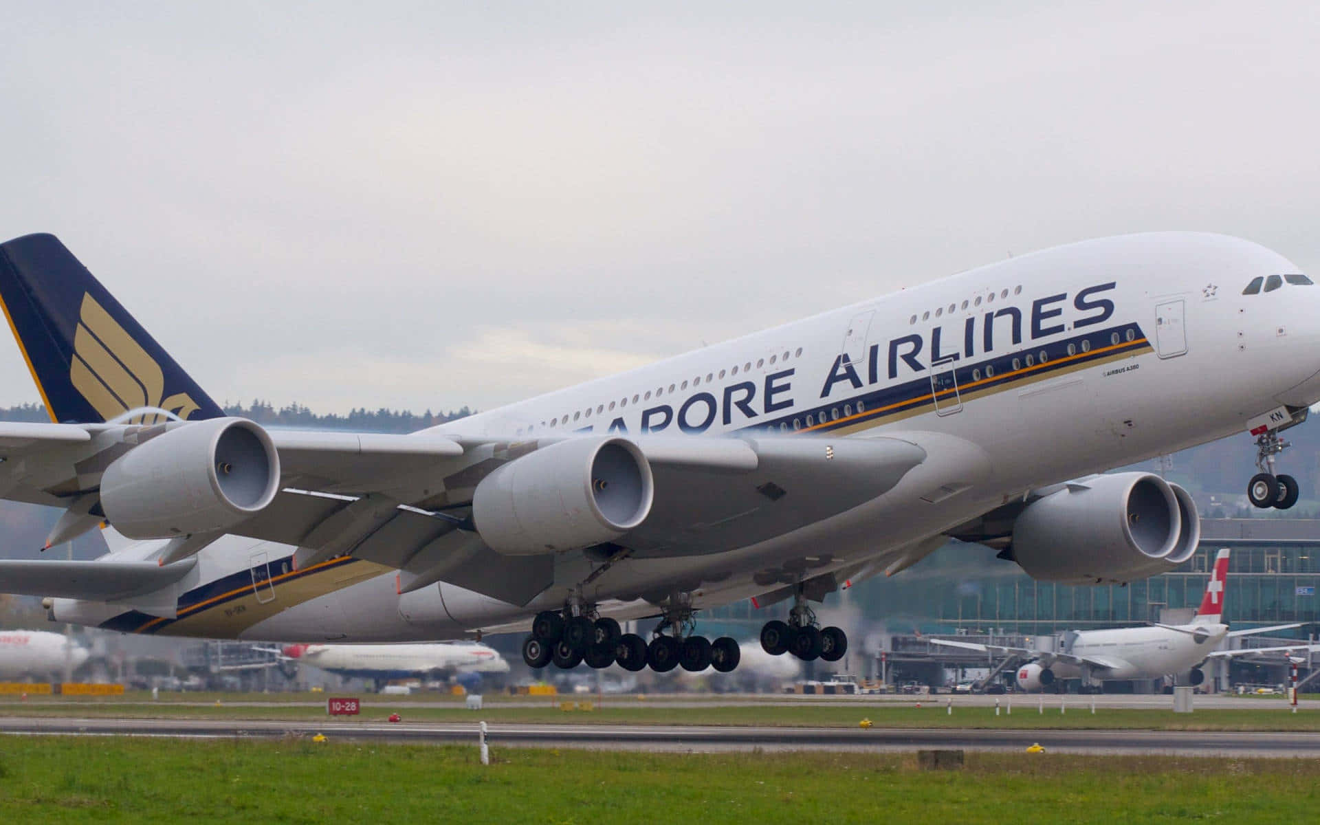 Partenzadell'airbus A380 Di Singapore Airlines Sfondo