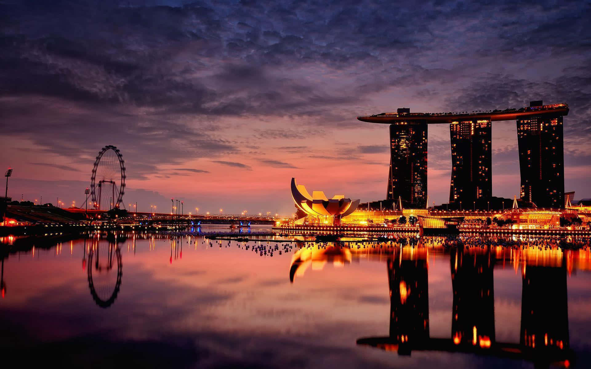 Denfortryllende Natscene Af Singapores Skyline.