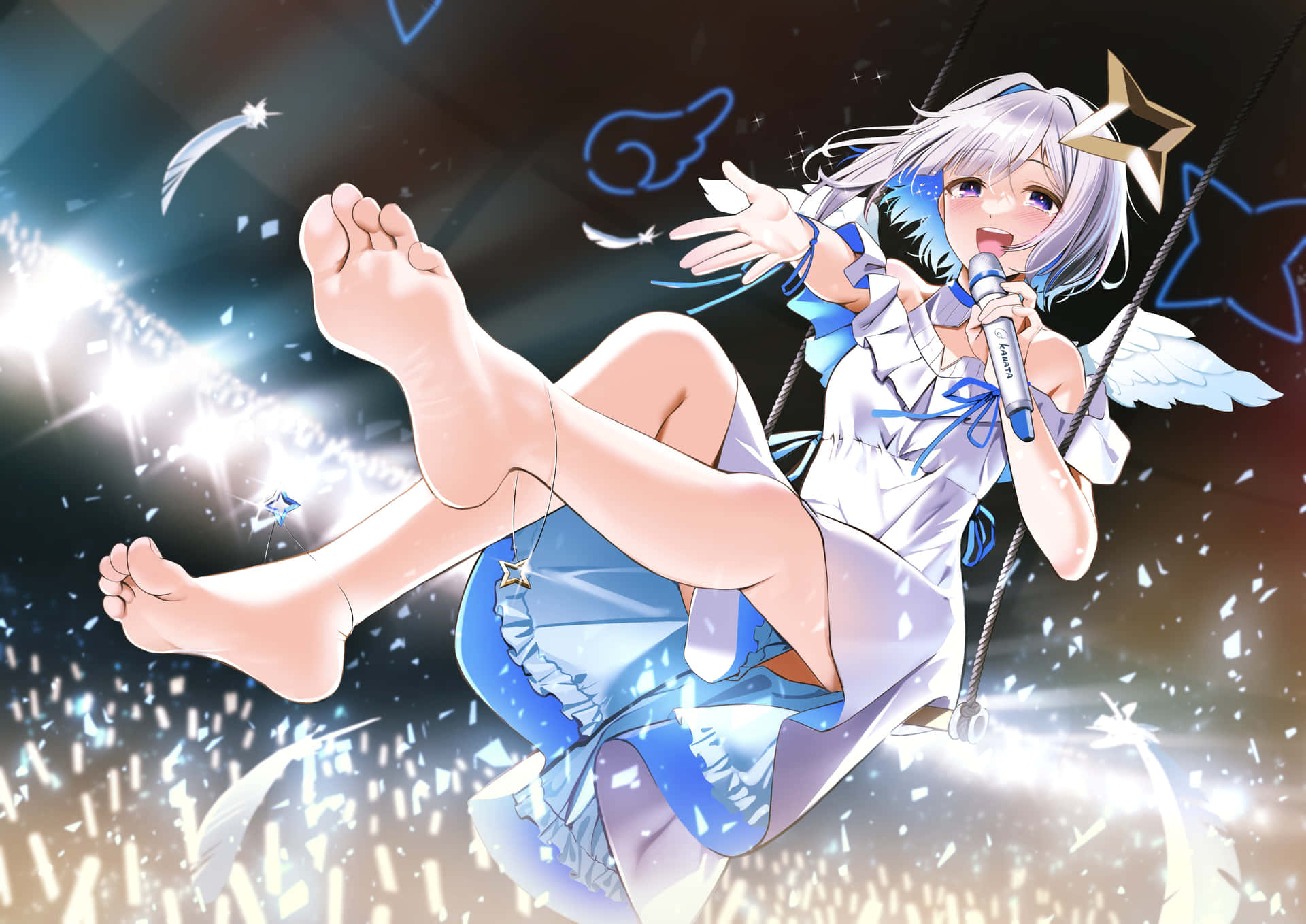 Angelic Girl Showcasing Her Stiletto-clad Sole Against a Heavenly Backdrop Wallpaper