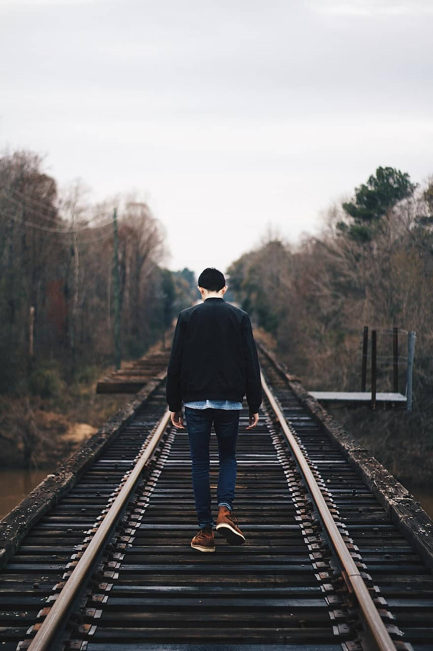 Single Boy Walking On A Railway Wallpaper