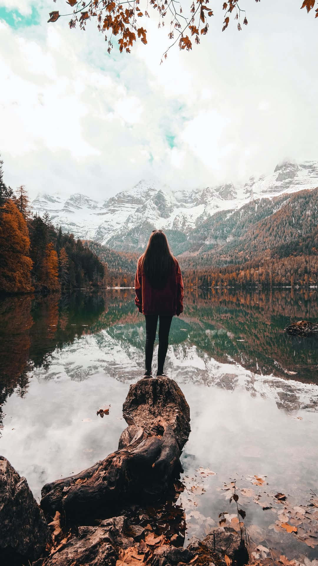 Single Woman On A Beautiful Lake Scenery Background