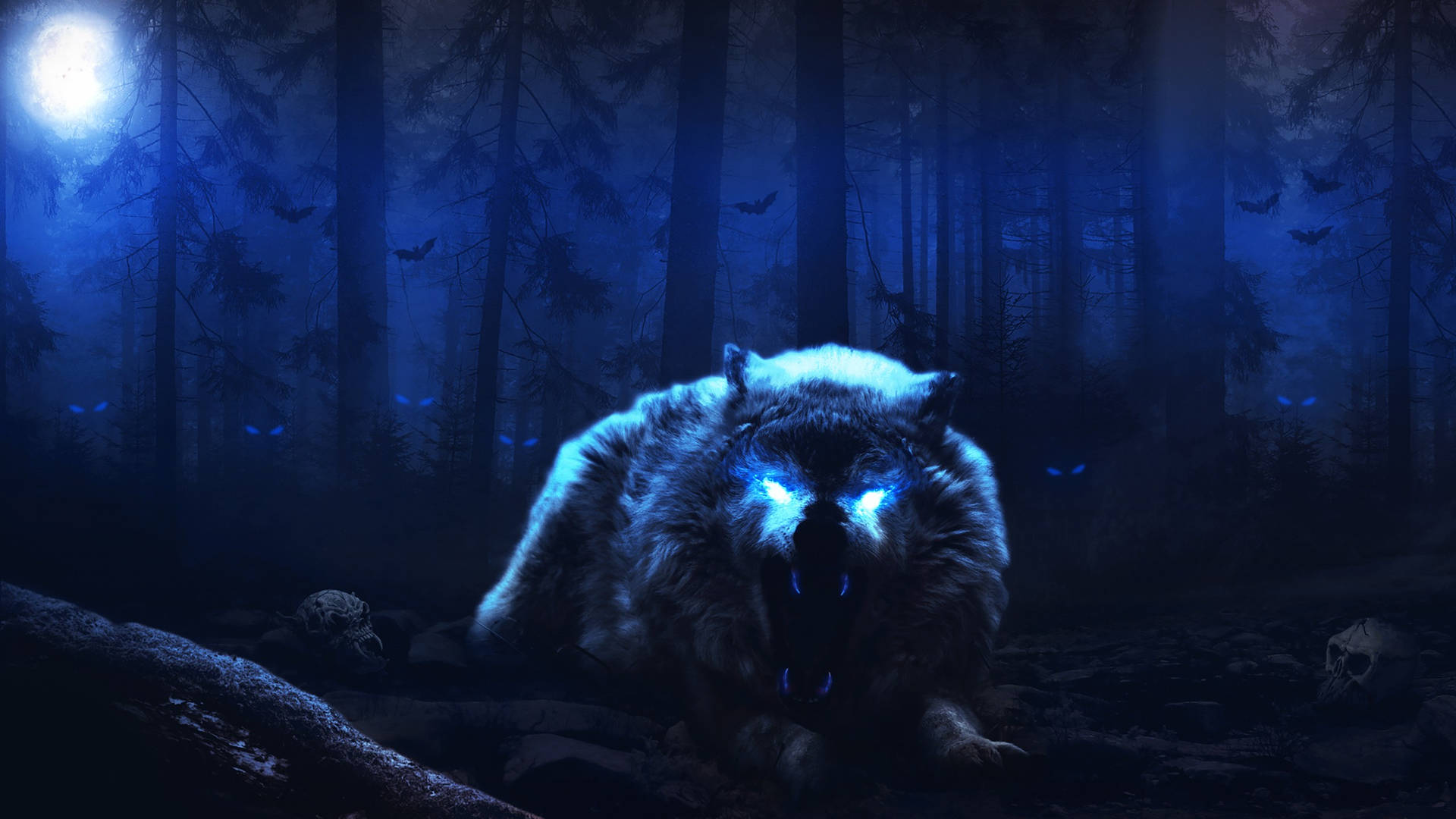 Sinister Wolf Under The Full Moon Wallpaper