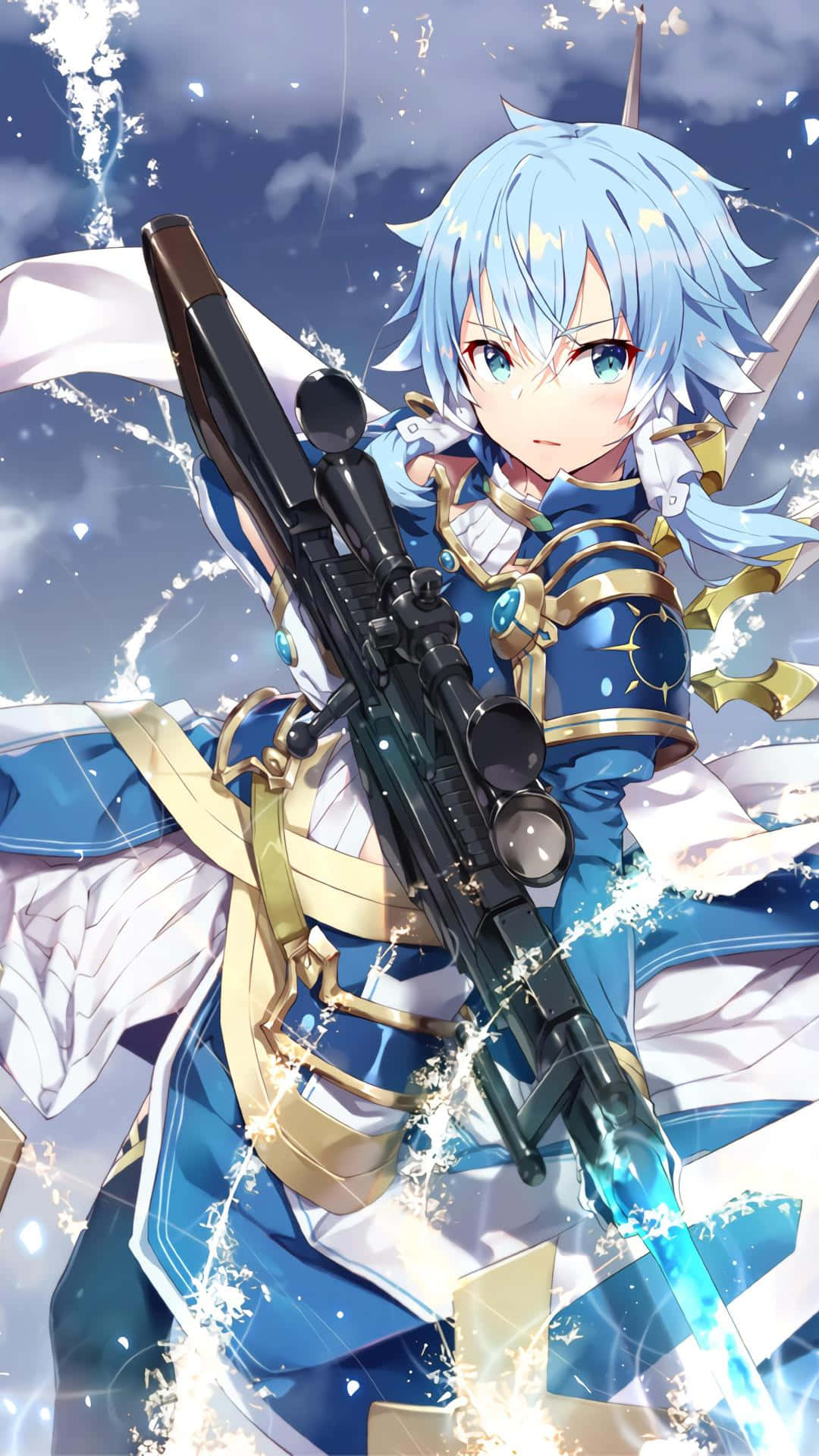 A Girl With Blue Hair Holding A Gun Wallpaper