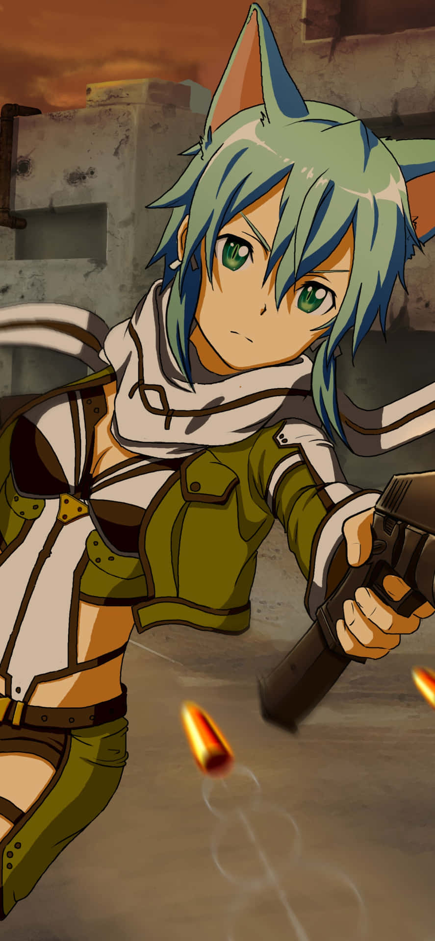 A Girl In A Green Uniform Holding A Gun Wallpaper