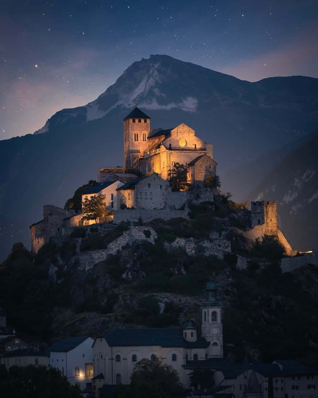 Download Sion Castle Twilight View Switzerland Wallpaper | Wallpapers.com