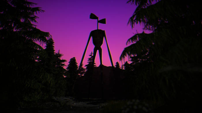 Spooky Siren Head haunting the mysterious forest under the purple sky. Wallpaper