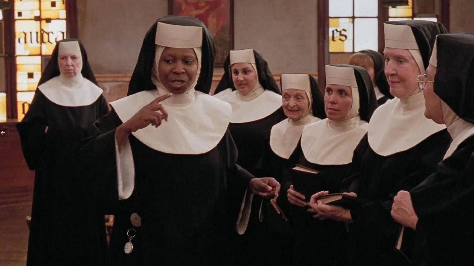 A moment of joy, a Nun enjoying her musical passion in Sister Act, 1992 Film. Wallpaper