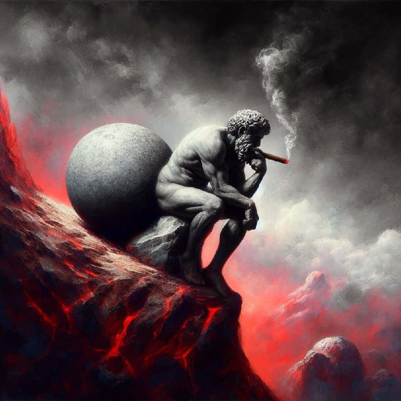 Sisyphus Rustend Op Berg Met Boulder Achtergrond