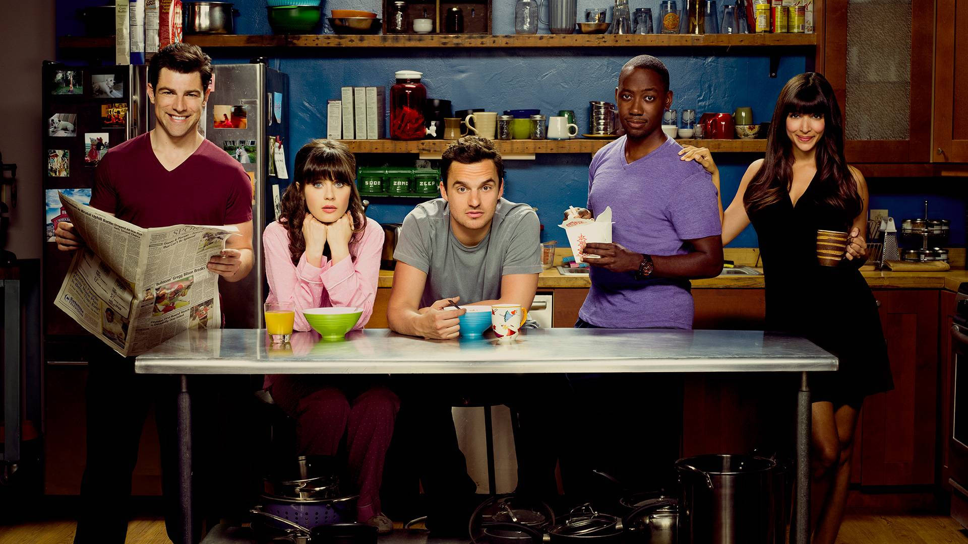 Sitcom New Girl's Cast Behind Apartment's Kitchen Wallpaper
